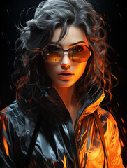 portrait of a woman in sunglasses with fire light