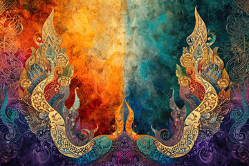 Fototapeta premium Thai-style painting with gold decoration, vintage floral patterns, and dragon motif, representing ancient Thai culture and celebration