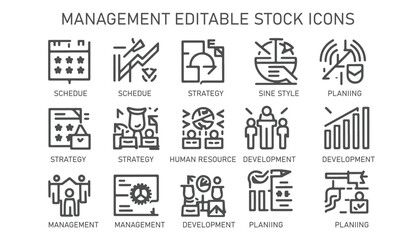 Fototapeta premium Set of management web icons line style. Schedule, strategy, human resource, management, development, planning etc. Editable stroke