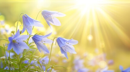  A field of blue flowers with the sun shining behind,..Sunlight filters through the background sky,..Foreground blooms display leaves bathed in light