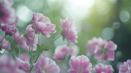 numerous pink blooms blossoming, sun's blurred brilliance filtering through tree leaves behind