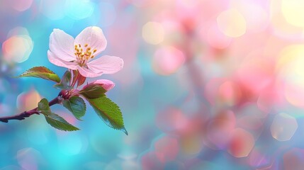  A tight shot of a pink bloom on a branch against a hazy backdrop of intermingling blues, pinks, greens, yellows, and whites