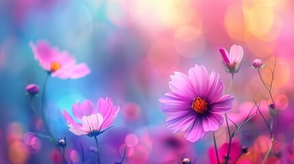  A field of purple and pink flowers holds a bunch of pink blooms with a blurred backdrop of blue, pink, yellow, and pink flowers