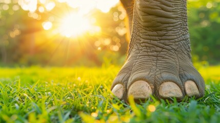  A close-up of an elephant's foot in the grass Sun shines through the trees in the background