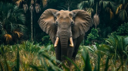 An elephant, bearing tusks, stands in a field of grass and palm trees Behind it lies a forest of...
