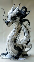 A black and white dragon made of papercut art, three-dimensional layered sculpture, geometrically patterned lines in the style of abstract expressionism on a white background in a front view captured 