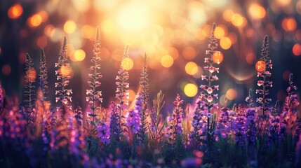  A field of purple flowers with the sun shining through the trees in the background of the photo Blurry background from bokeh effect - Powered by Adobe