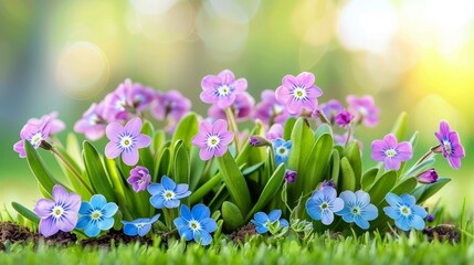  A patch of grass dotted with purple and blue flowers blooms under a sunny sky Background features soft out-of-focus blur