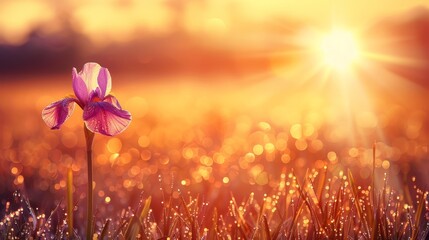  A purple flower sits in the midst of a verdant field, surrounded by grass Sunlight bathes the scene, casting golden rays upon the grass In the foreground, dewd