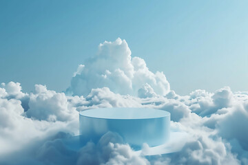 Surreal podium outdoor on blue sky soft white clouds with space. Beauty cosmetic product placement pedestal present stand minimal display