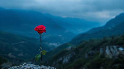  A solitary red rose atop a rock, valley and mountains in the distance Dark blue sky overhead, dotted with clouds