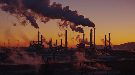 An industrial plant against the background of a fading sky, blowing clouds of smoke against the background of a fading sky. Concept of industrial progress and ecology.