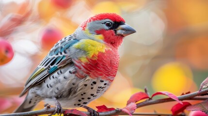  A vibrant bird sits atop a tree branch, surrounded by red and yellow leaves Foreground showcases a blurred mosaic of similar hued foliage