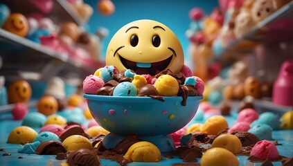 Naklejka premium A colorful illustration of cute and smiley vanilla ice cream and scoops, sweetie shop