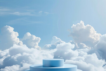 Surreal podium outdoor on blue sky soft white clouds with space. Beauty cosmetic product placement pedestal present stand minimal display