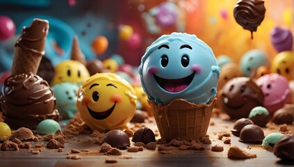 Obraz premium A colorful illustration of cute and smiley vanilla ice cream and scoops, sweetie shop
