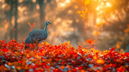  A bird perches atop a red bloom patch, before a forest teeming with trees and autumnal hues Sunlight filters through, casting an orange-yellow glow