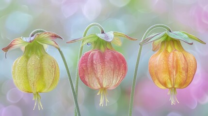  Three flowers sit atop a lush, green field, surrounded by leaves One features a pink blossom atop a sturdy green stem, while another boasts a yellow blo