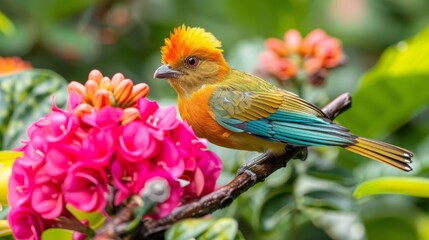  A colorful bird perches on a tree branch, surrounded by a bunch of pink and yellow flowers with green leaves in the foreground Background consists of more greenery