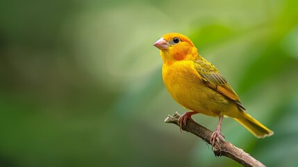  A yellow bird sits on a branch with green leaves, while the background is slightly blurred
