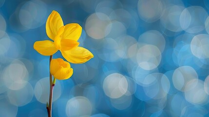  A single yellow daffodil in front of a blue backdrop of blurred blue and white circles