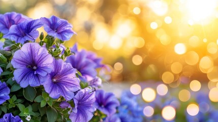  A planter holding a cluster of purple flowers against a hazy backdrop of blue and yellow blossoms and verdant foliage - Powered by Adobe