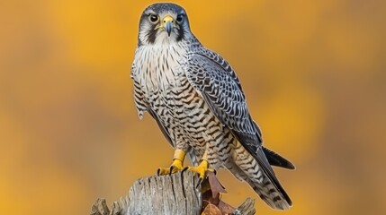  A close-up of a bird of prey atop a wooden perch against a yellow background