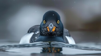  A tight shot of a bird perched above a body of water, surrounded by droplets The bird is partially black and white, with an orange beak contrasting against its yellow eyes - Powered by Adobe