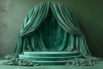 Luxury dark green 3D cylinder podium realistic or pedestal stage for product display presentation. Stage with green light.