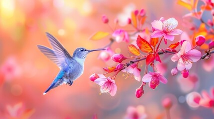  A hummingbird hovers above a pink-flowered branch, adorned with pink and white blossoms Foreground features pink and white flowers; background subtly bl