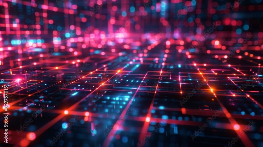 Wall mural digital gridlines: high-tech gridlines with glowing intersections. use of neon colors on dark backgr