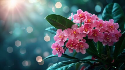  A group of pink blooms atop a verdant, leafy plant against a backdrop of bright blue and green bokeh , created by soft, shining light