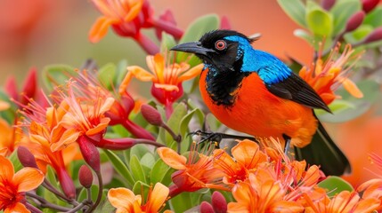  A vibrant bird perches atop a tree adorned with numerous orange and red blooms Foreground features a forest of green and red flowers, backdrop subtly blurred