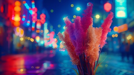  A tight shot of flowers in a vase against a backdrop of softly blurred city lights and a hazy urban scene