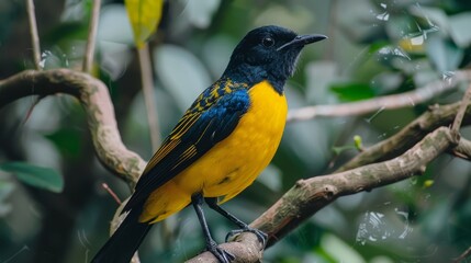  A yellow and black bird perches on a tree branch, before a lush green tree filled with numerous leaves and abundant water droplets