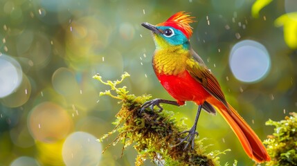  A vibrant bird perched atop a rain-soaked tree branch, dripping with water from its wings and crown