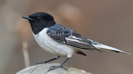  A black-and-white bird perches on a weathered wooden plank against a brown and white backdrop Its head bears a distinct black-and-white stripe