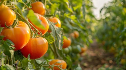 Plump juicy tomatoes ripening in the warm sun on an organic farm.