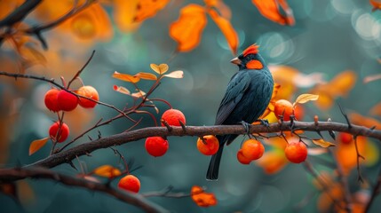  A bird perches on a tree branch, adjacent to a tree adorned with red and yellow leaves Fruit dots the branches before a hazy backdrop - Powered by Adobe