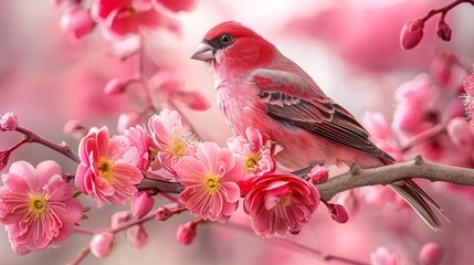  A red bird sits on a tree branch, surrounded by pink flowers in the foreground The background softly features more pink flowers