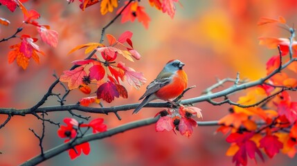  A bird perches atop a tree branch adorned with red and yellow leaves Nearby, another branch displays red, orange, and yellow foliage