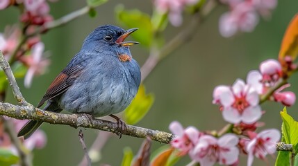  A small blue bird perches on a tree branch, surrounded by pink flowers in the foreground The background is a blur of green leaves and pink flowers