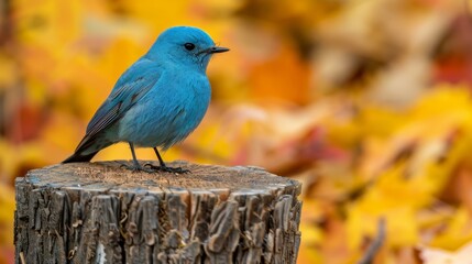  A small blue bird perches atop a weathered wooden post before a tree brimming with yellow and orange autumn leaves