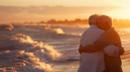 A couple of older people are hugging on a beach at sunset - Powered by Adobe