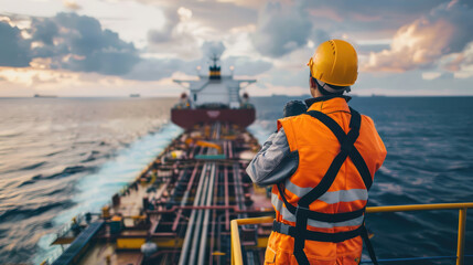 Back View of Worker in Protective Gear Monitoring Cargo Ship