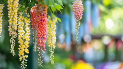  A tight shot of flowers dangling from a tree, with a shallow focus on the foreground blooms,...