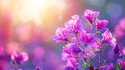  A close-up of blooming flowers with a bright beacon of light in the backdrop, and a soft, blurred glow of light at their heart
