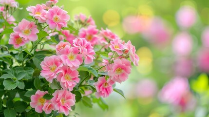  A vase filled with pink flowers blooming, surrounded by green leaves, and a pink flower-filled background with a blurred foreground of green leaves and more pink flowers