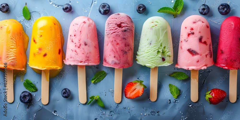 Poster summer delights: vibrant array of frozen treats in a row with centered copy space and selective focu