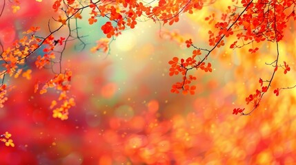  A tight shot of a tree, its red and yellow leaves occupying the foreground Background left hazy, with a blue sky emerging